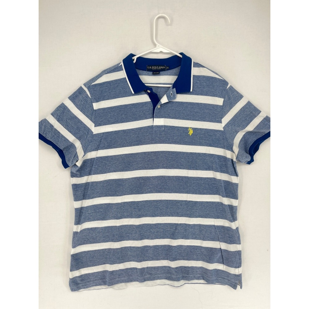 US Polo Assn Mens XXL Blue White Striped Short Sleeve Pique Polo Shirt Logo